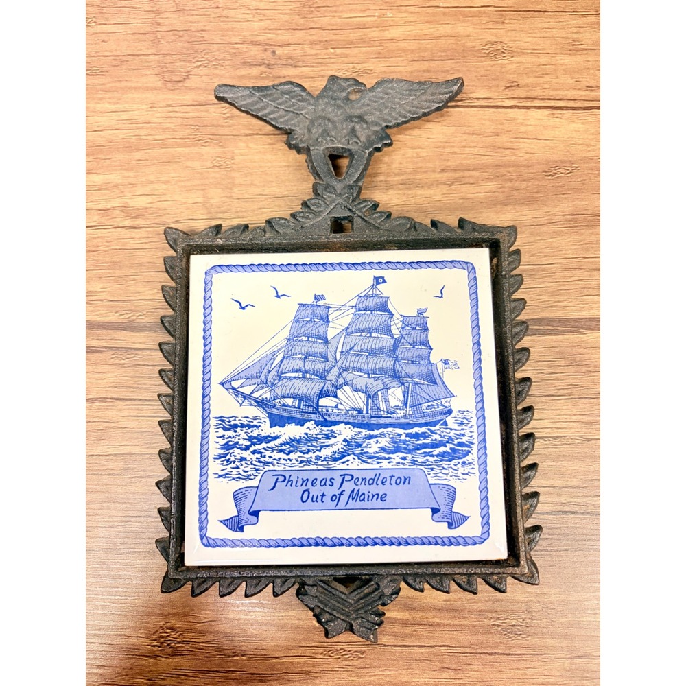 Vintage Phineas Pendleton‎ Out of Maine Ship Tile Cast Iron Eagle Trivet Japan